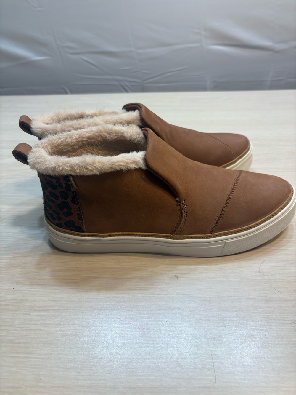 Toms Brown Faux Fur-Lined Slip-On Ankle Booties with Leopard Detail